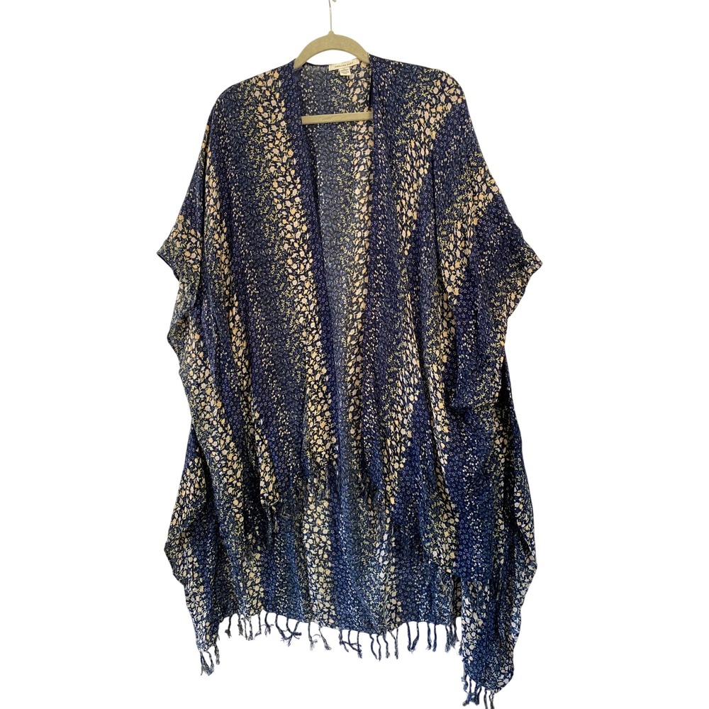 American Eagle Kimono Wrap Women OS Blue Floral Fringed Boho Open Front Cardigan